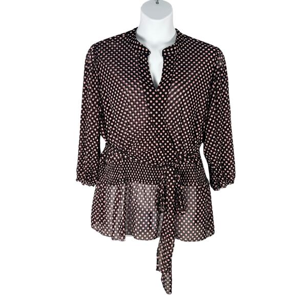 INC International Concepts Blouse 3X Black Pink Polka Dot Sheer Mesh Faux Wrap - Picture 1 of 9